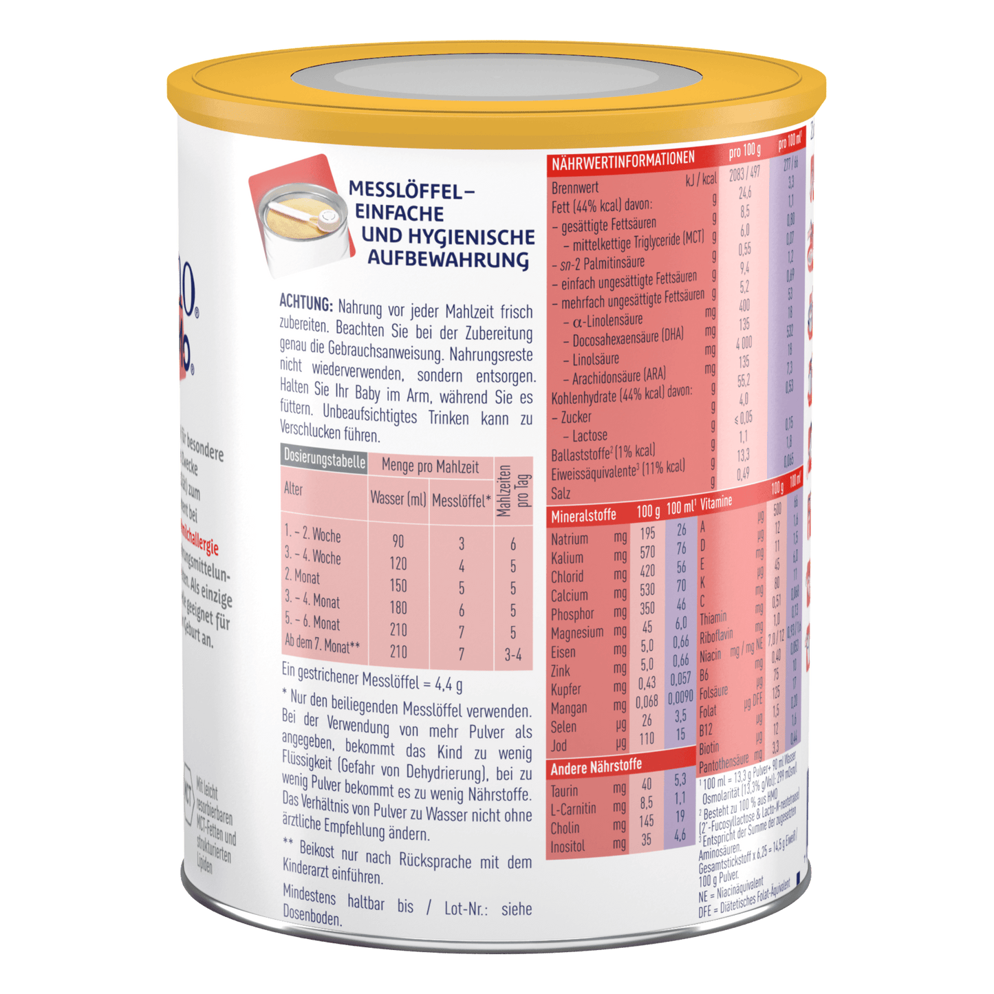 Alfamino-HMO- Seitenansicht Ruckansicht Spezialnahrung Kuhmilchallergie Nahrungsmittelallergie Aminosäurebasiert Nicht-allergen Lipidmischung HMO (2'FL & LNnT) LC-PUFA Glutenfrei Lactosefrei