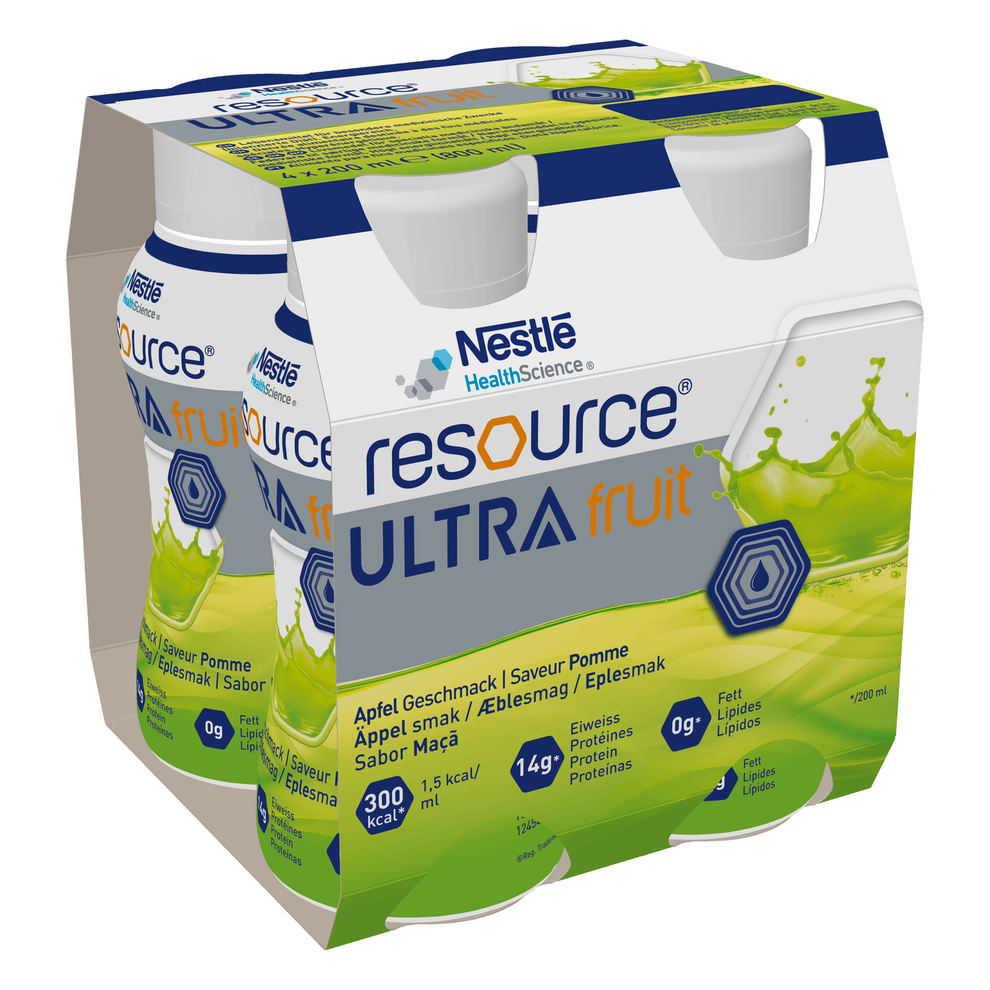 Resource® Ultra fruit Apfel4x200ml_Eiweißreich Hochkalorisch Trinknahrung Mangelernährung Diätmanagement Fettverwertungsstörungen Malassimilationssyndrom Dialysepatienten Präoperatives Loading Geschmacksrichtungen