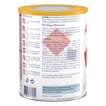 Alfamino-HMO- Ruckansicht Spezialnahrung Kuhmilchallergie Nahrungsmittelallergie Aminosäurebasiert Nicht-allergen Lipidmischung HMO (2'FL & LNnT) LC-PUFA Glutenfrei Lactosefrei