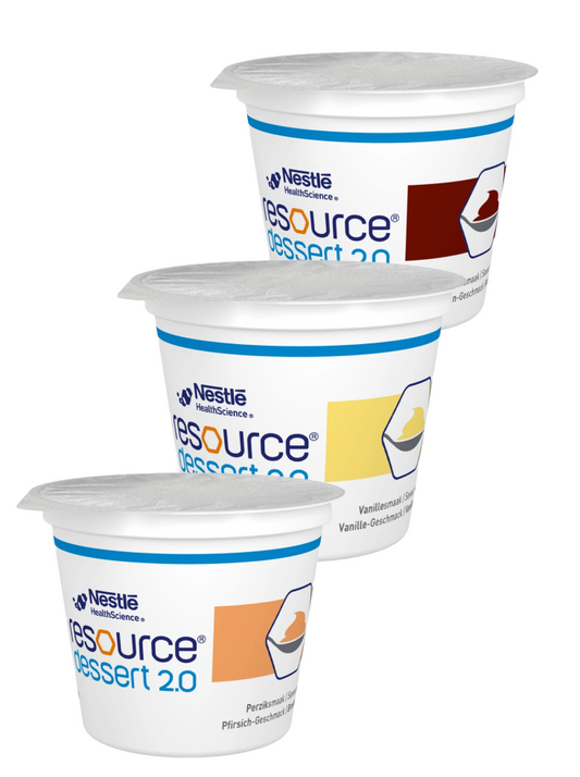 RESOURCE DESSERT 2.0 Mischkarton Hochkalorisch Eiweißreich Diätmanagement Mangelernährung Kau- und Schluckbeschwerden Glutenfrei Lactosearm Trinknahrung Geschmacksrichtungen Dysphagie